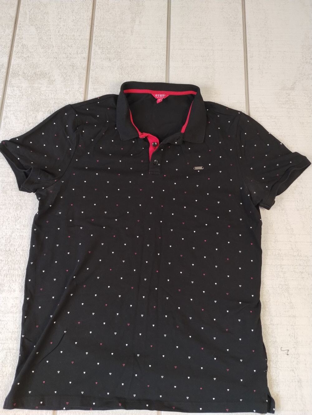 GUESS Geometric Triangle Print Polo Shirt Mens L Black Preppy Modern Streetwear